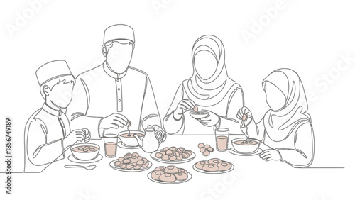 Muslim Family Eating Iftar Together, Ramadan Meal Celebration, Line Art Illustration
