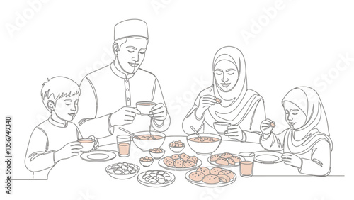 Muslim Family Enjoying Iftar Meal Together, Ramadan Celebration