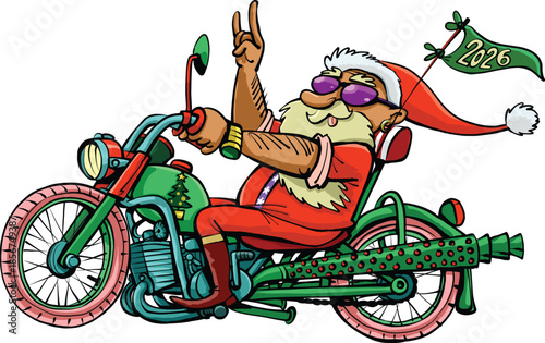 cheerful Santa Claus on a motorcycle wishes happy new year2