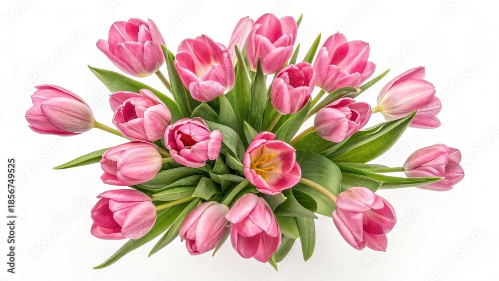 Fototapeta premium Vibrant pink tulips bouquet on white background