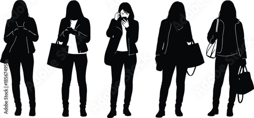 Urban silhouettes of diverse people standing, walking, using smartphones, holding bags, wearing jackets, casual fashion, city lifestyle, isolated vector illustration for design, advertising