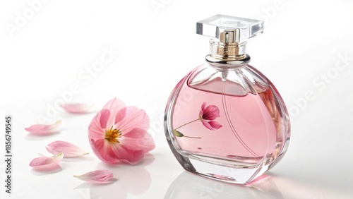 Elegant perfume bottle with pink liquid and flower petals