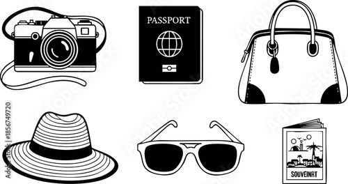 Travel essentials collection with camera passport handbag hat sunglasses and map vector icons in black and white style