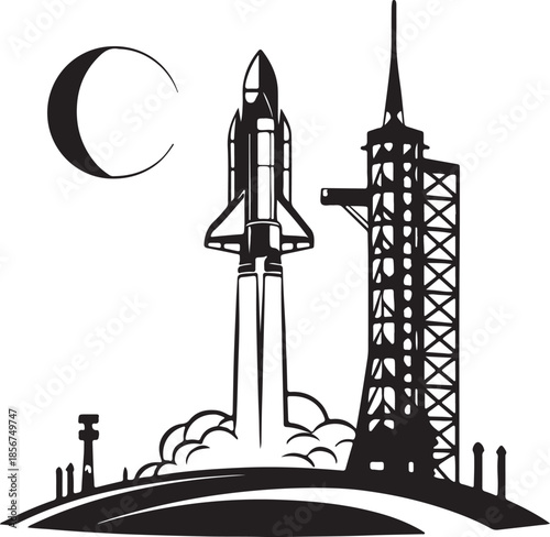 Futuristic rocket launching from moon base silhouette vector