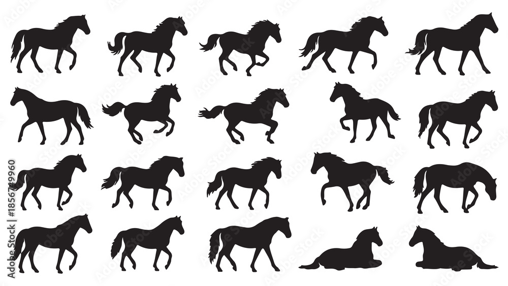 Obraz premium Horse Silhouette Collection with Different Poses Flat Vector