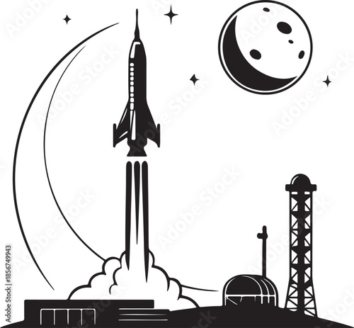 Futuristic rocket launching from moon base silhouette vector