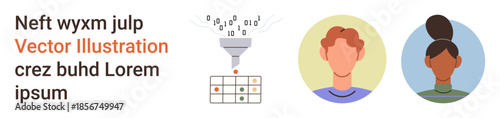 Data processing, user profiles, digital analytics, identity management, information sorting, personalization. Funnel filtering data points and two user avatars. Data processing and user profiles