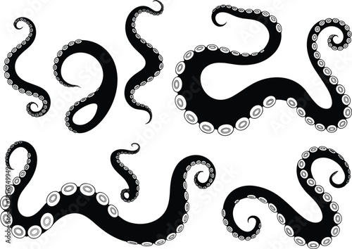 Octopus tentacles silhouettes set, sea monster arms, nautical black vector illustration collection abstract design