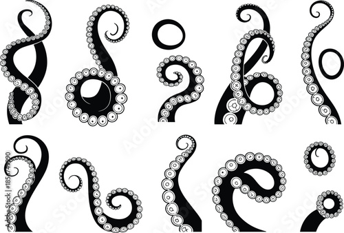 Octopus tentacle decorative elements set, abstract sea creature shapes, black white vector illustration collection