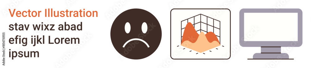 Fototapeta premium Business analysis, data visualization, analytics, emotions, technology, productivity. Sad face, graph computer screen displayed in minimalist design. Data visualization and business analysis