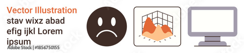 Business analysis, data visualization, analytics, emotions, technology, productivity. Sad face, graph computer screen displayed in minimalist design. Data visualization and business analysis