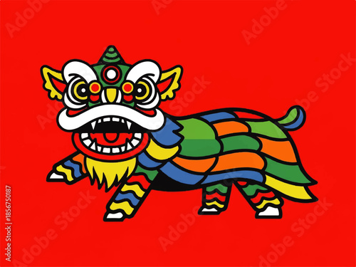 A colorful Flat Design Ilustration Vector of a lion dance creature with a vibrant, multicolored body and a fierce expression on a red background.