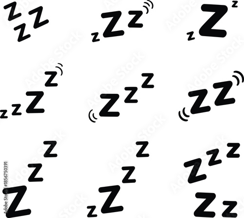 Sleeping zzz icons set, snoring symbols, sleep sound effects, black vector illustration collection design elements