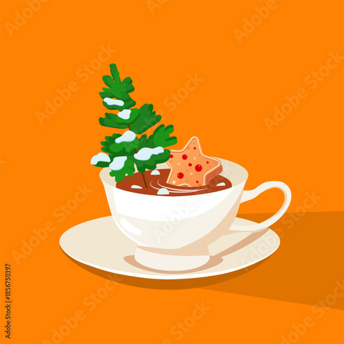 Cup of Christmas coffee vector illustration with a Christmas tree and sweets on a colored background
