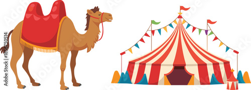 Circus camel and tent illustration, colorful carnival animal, festival show vector design isolated collection icon