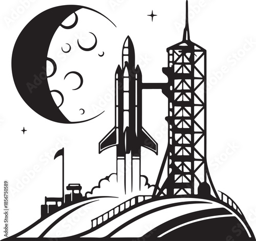 Futuristic rocket launching from moon base silhouette vector