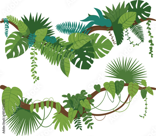 Jungle tropical foliage border set, lush green leaves vines, botanical vector illustration collection nature design
