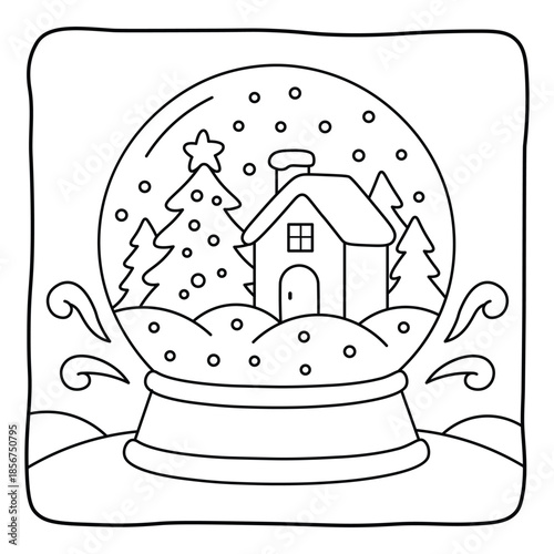 Winter snow globe with cozy house and pine trees, black and white outline illustration for kids coloring page