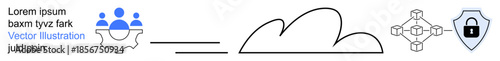 Cloud storage, cybersecurity, teamwork, data integration, network security, digital solutions. A cloud icon connected to gears, people and a secure lock. Cloud storage and cybersecurity concepts