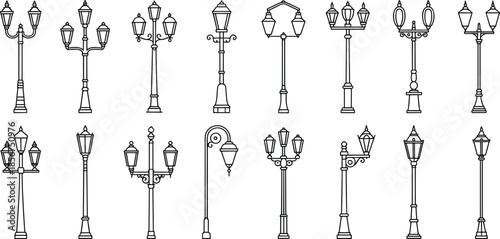 Vintage street lamp icons set, classic outdoor lighting poles, black line vector illustration collection design