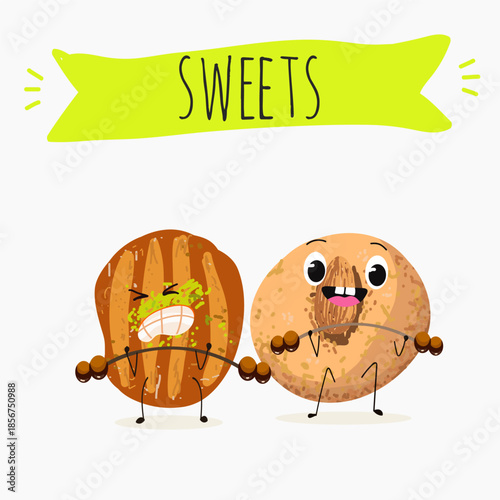 Funny Characters Ekmek kadaif. Turkish,  Eastern sweets. Hand drawn vector illustration.