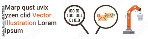 Data security, digital communication, automation, process efficiency, technology analysis, innovation. Binary code, an email and a robotic arm are . Data security and digital communication focus