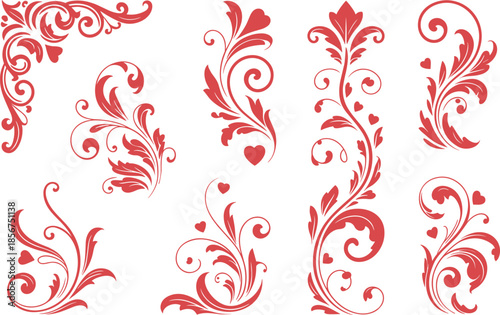 Floral ornamental swirl elements set, romantic heart decorations, elegant red vector design collection isolated illustration