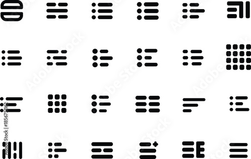 Minimal list interface icons set, modern UI menu alignment symbols vector collection design flat black