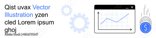 Business growth, financial analysis, data visualization, process optimization, market trends, technology development. A graph in a window with gears and a falling currency symbol. Financial growth