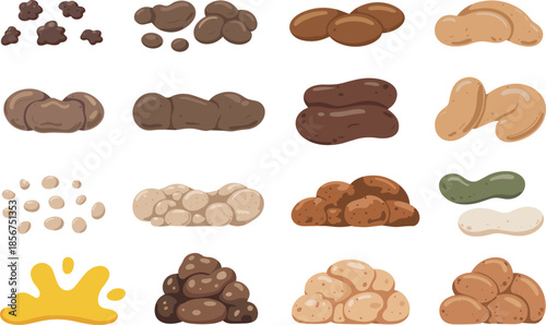 Cartoon poop piles and dirt shapes illustration set funny brown icons for games stickers design