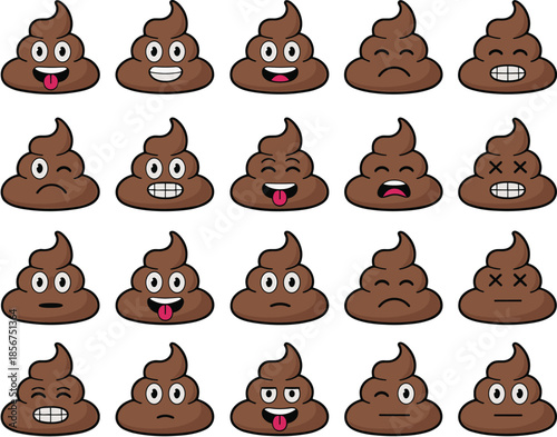 Funny poop emoji faces cartoon set with different expressions illustration for stickers games design vector