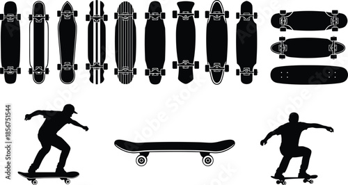 Vector Illustration Set of Black Skateboard and Longboard Silhouettes, Featuring Various Deck Shapes, Skaters in Action, and Street Sports Equipment for Urban Design,