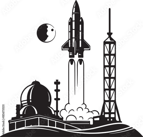 Futuristic rocket launching from moon base silhouette vector