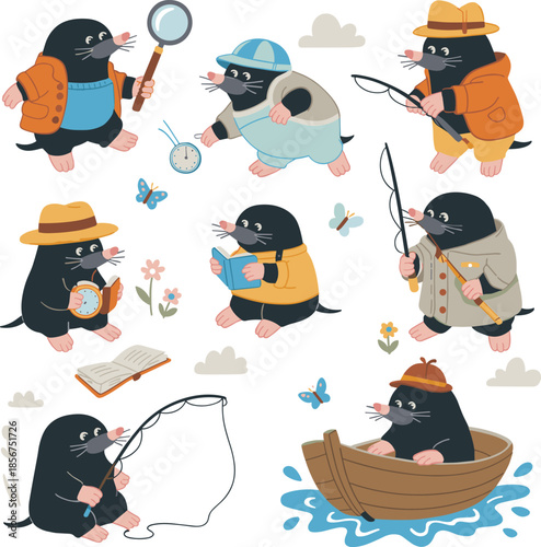 Cute mole character activities set, cartoon animal lifestyle scenes, adorable wildlife illustrations vector collection designs