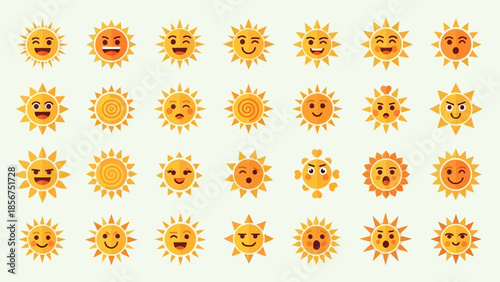 Collection of Cartoon Sun Emoticons with Expressions.