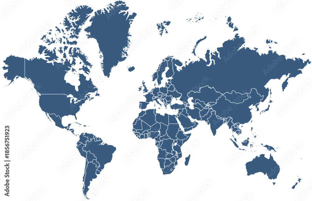 Fototapeta premium High resolution grey map of the world split into individual countries. High detail world map