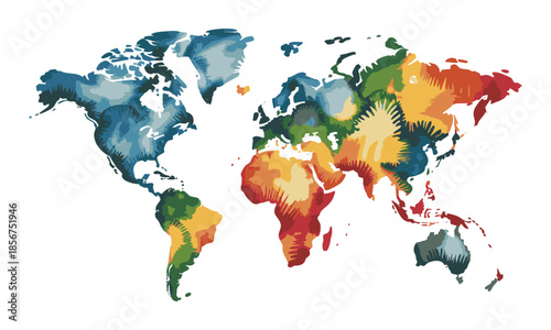 Watercolor world map illustration on white background vector illustration, easily editable. 