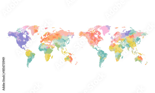 Abstract watercolor world map with colorful continents
 vector illustration, easily editable. 