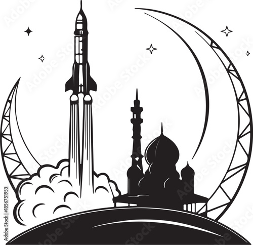 Futuristic rocket launching from moon base silhouette vector