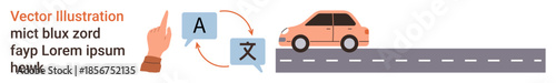 Communication, language translation, travel, technology, education, global connection. Speech and text icons with an orange car on a road. Communication and language translation concept