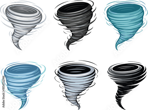 Tornado cyclone icons set, swirling storm funnels, dynamic wind vortex vector illustration collection design