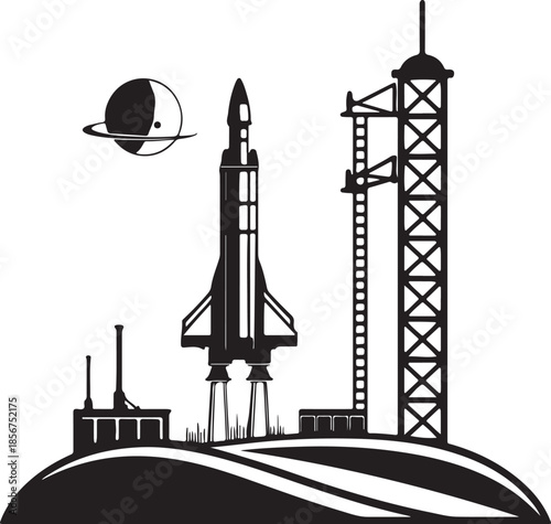 Futuristic rocket launching from moon base silhouette vector