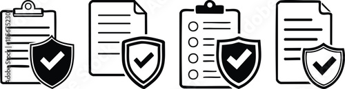 Health insurance document icon with shield and checkmark for policy approval and protection themes
