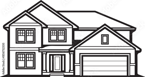 PrintModern two-story suburban house line art, black and white family home exterior with garage, residential real estate property illustration, vector architectural sketch.