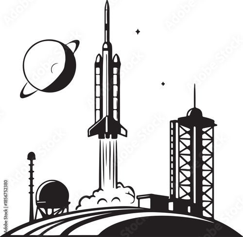 Futuristic rocket launching from moon base silhouette vector