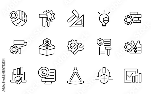 Engineering line icon set. Mechanical, civil, electrical, industrial, construction, technology, blueprint, innovation, digital tools, pixel-perfect icons
