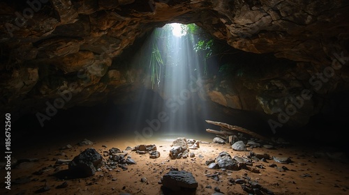 Interior goa mini dari tanah liat, gelap lembut dengan dinding melengkung basah. Tetesan air jatuh perlahan dari langit-langit batu, setiap jatuh memunculkan getaran bulat lucu seperti gelombang musik