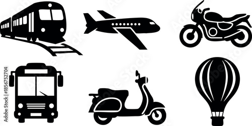 Transport icons set including train airplane motorcycle bus scooter and hot air balloon vector illustration