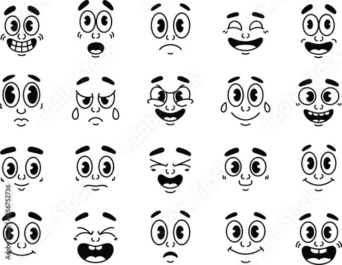 Cartoon facial expressions icons set, cute emoji faces emotions, black white vector illustration collection