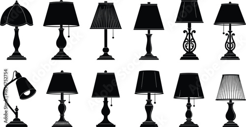 Vector Illustration Set of Table Lamp Silhouettes, Featuring Various Desk Lamps and Classic Home Lighting Fixtures for Interior Design and Decor Concepts,